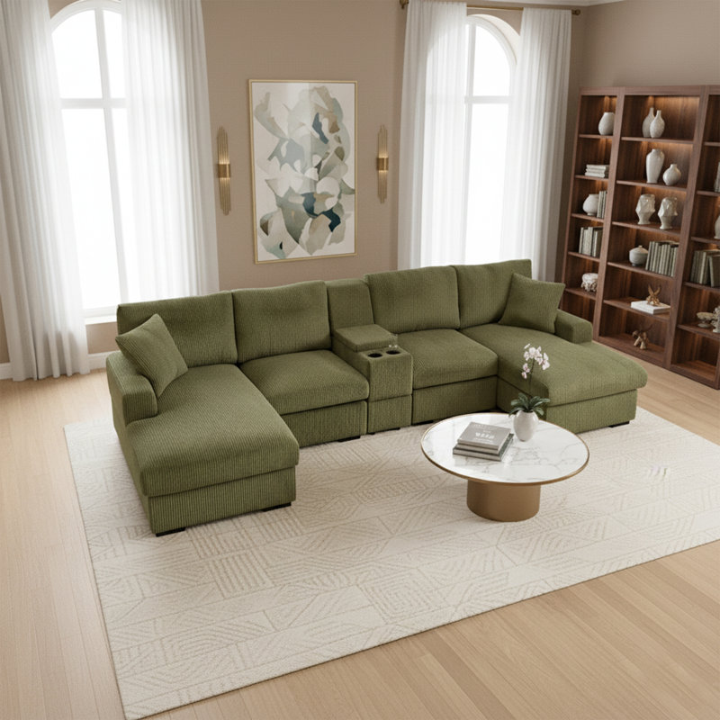 U Shaped Cloud Couch Sectional Sofa, Green Corduroy