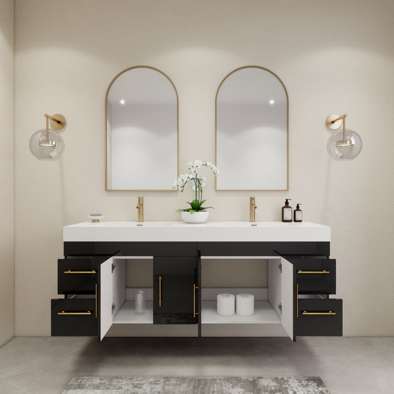 70.8" Wall-Mounted Double Bathroom Vanity Set, Glossy Black
