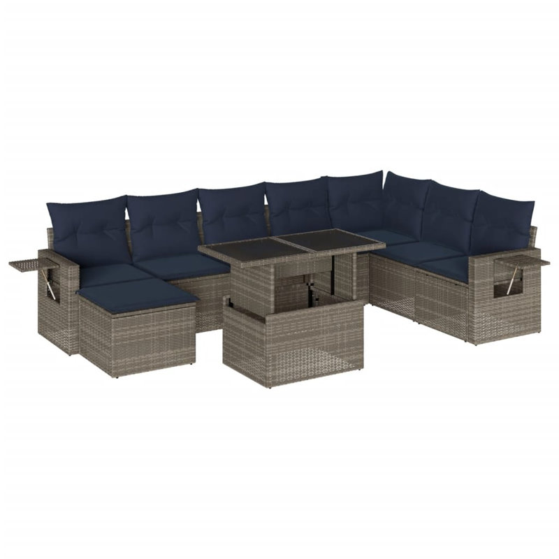 Ensemble de canapé de patio 9 pièces avec coussins en rotin de polyester, Gris, Marine