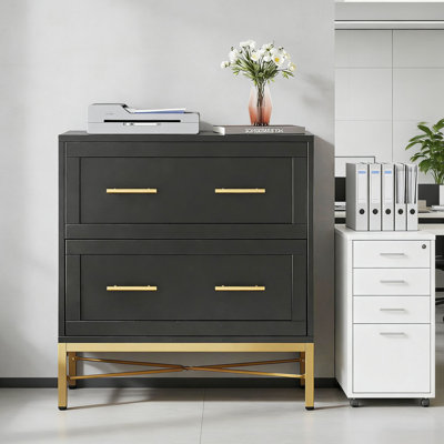 2 - Drawer Lateral Filing Cabinet, Adjustable For Different File Sizes, White And Gold Design, Built In Features, Waterproof Particleboard, Heavy Duty Steel Frame, Fast To Assemble Office Cabinet