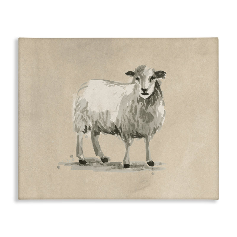 «Gazing Sheep on Beige», art mural sur toile par June Erica Vess, H 36 po x l 48 po