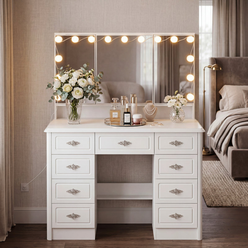 Aurey Makeup Vanity Desk With Fold Mirror And  Adjustable Lights