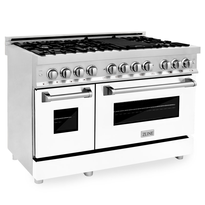 ZLINE 48 in. 6.0 cu. ft. Legacy Dual Fuel Range with 7 Burner Gas Cooktop and 2 Electric Ovens, White Matte Stainless Steel