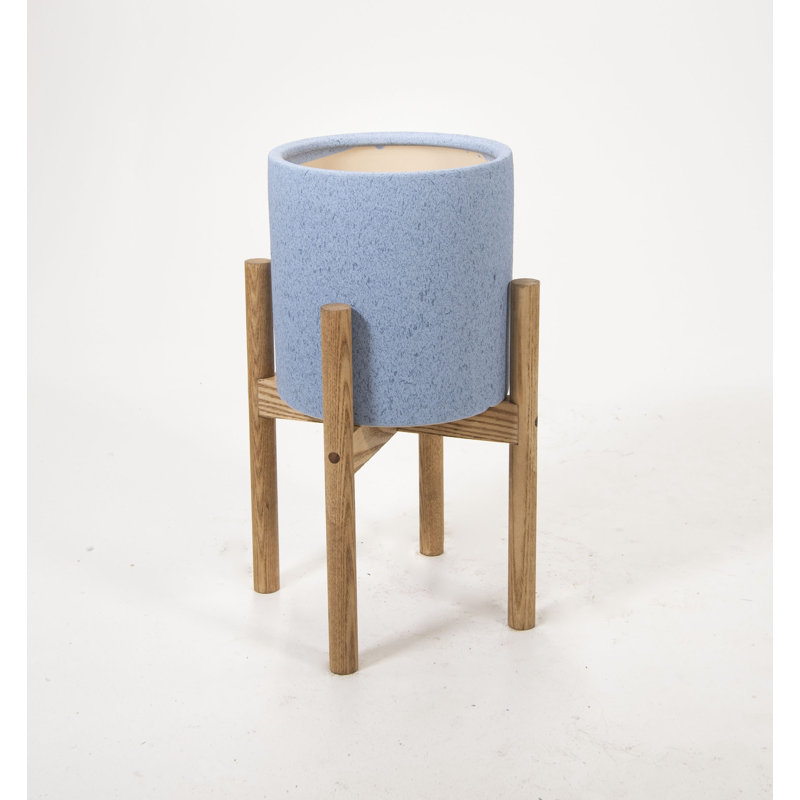 Pot à fleurs en céramique Leverett, Bleu ciel / noyer spécial