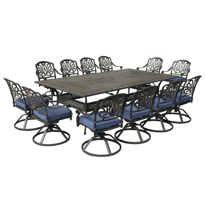 Ensemble repas rectangulaire pour 12 personnes de 108,07 po de longueur avec coussins Annecorinne, Bleu marine