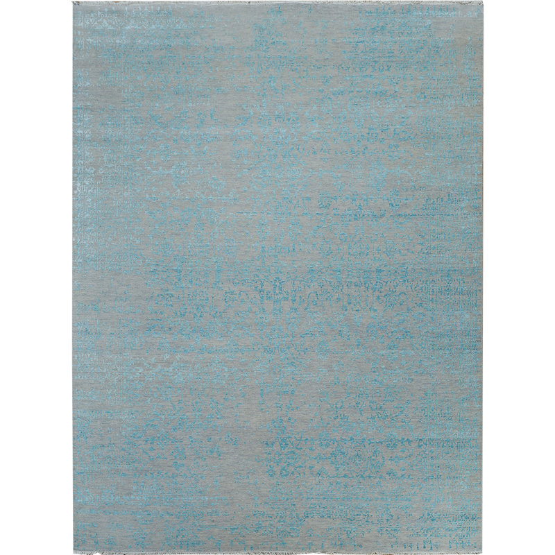 Tapis argenté et turquoise noué à la main de haute qualité, Rectangle 8 pi x 10 pi