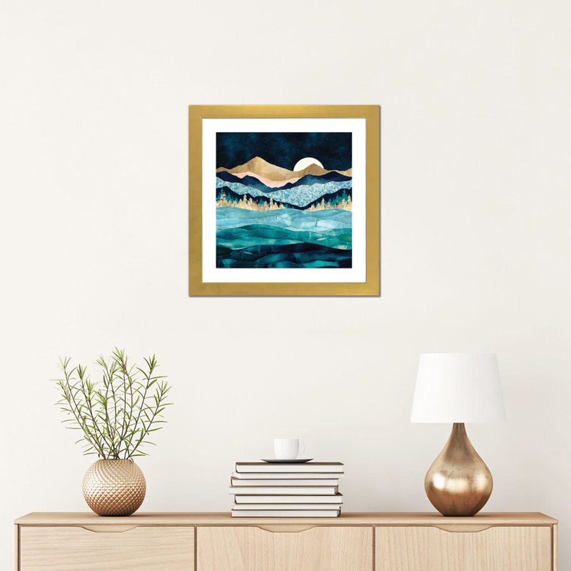 Midnight Ocean - impression d'art graphique, Blanc, Papier encadré doré, H 16 po x l 16 po x p 1 po