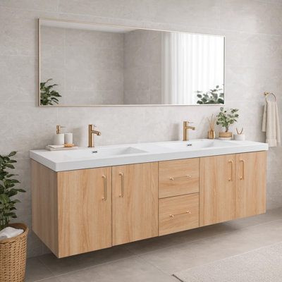 60 Inch Golden Oak Floating Bathroom Vanity With Integrated Sink - Pre-Assembled