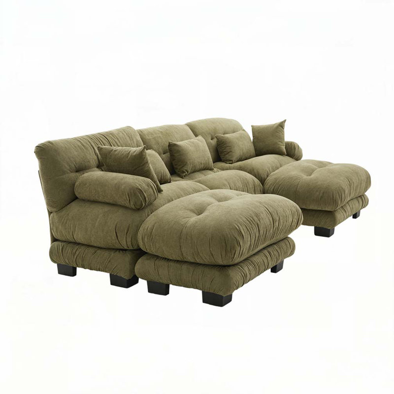 U Shape Cloud Couch With 2 Ottomans, Olive Green