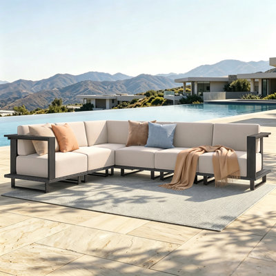 HDPE 6 - Person Outdoor Patio Set Wicker Seating Group With Cushions, L-Shaped Modular Outdoor Sectional Sofa Wicker Patio Furniture Set