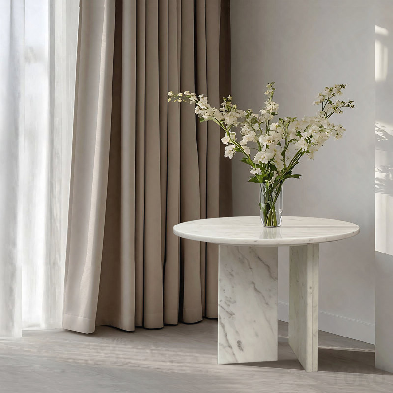 Table d'appoint ronde blanche semi-polie en marbre blanc - 17,7 po de diamètre x 15,8 po de hauteur