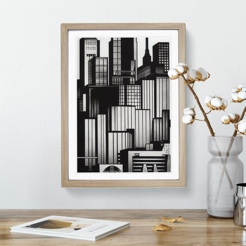 Monochrome City Skyline - Wall Art, 46cm H x 34cm W x 2cm D, Oak Framed