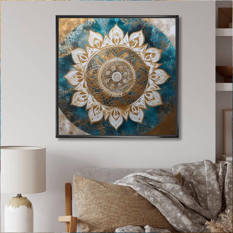 Sarcelle et mandala doré II sur toile, H 16 po x l 16 po x P 1 po, Cadre flottant noir