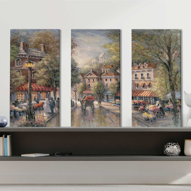 French Street Scene I - Ensemble de 3 peintures sur toile tendue, H 24 po x l 36 po x P 0,75 po