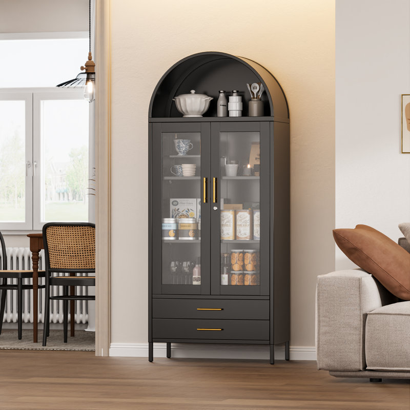 30.7 In. W×72.8 In. H×15.4 In. D  2-shelf And 2-drawer Metal Display Cabinet,Modern Freestanding Arched Cabinet, Antique Cabinets,Porcelain Cabinets,Bookshelves,assembly Required