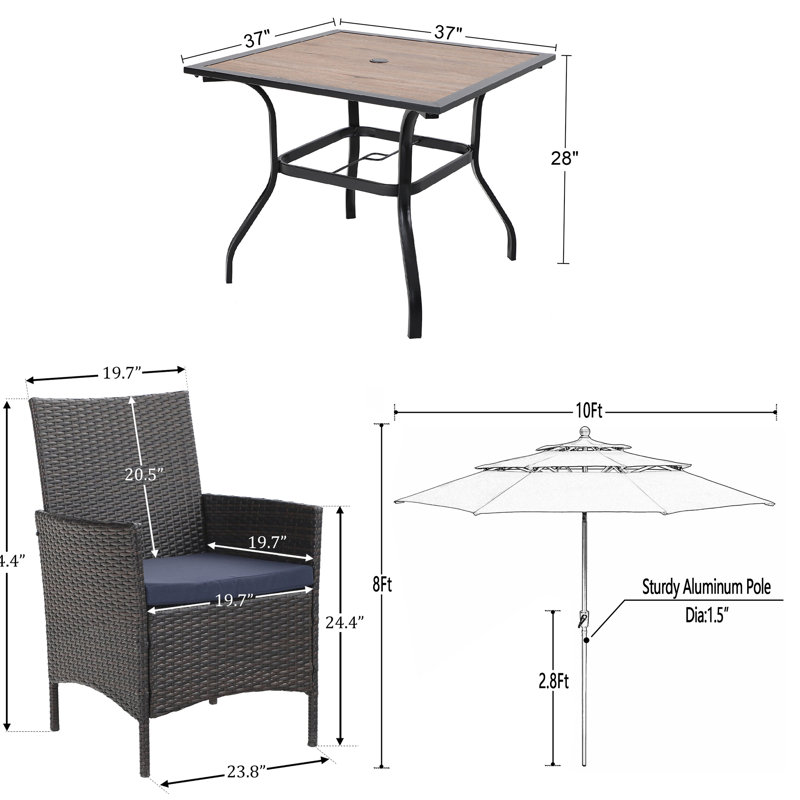 Ensemble de salle à manger pour 4 personnes 37 "avec coussins et parasol Leonard Square