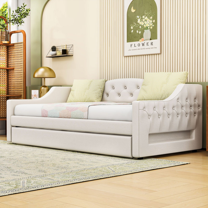 Twin XL Upholstered Daybed with LED Belt and Twin XL Trundle, Beige