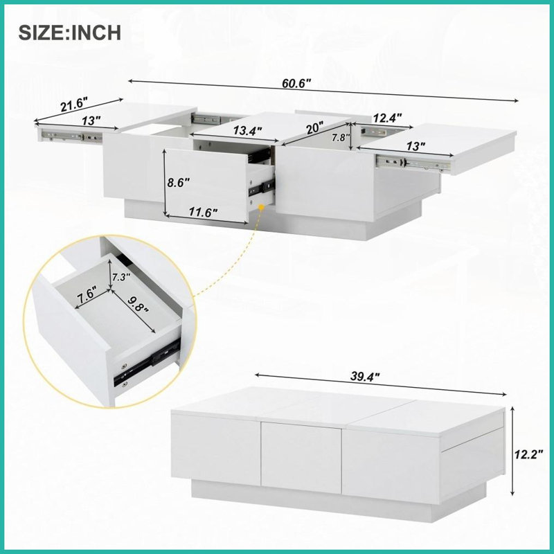 Table basse extensible blanche avec 2 rangements cachés 2 tiroirs - peu encombrants pour le salon, plateau ultrabrillant facile à nettoyer