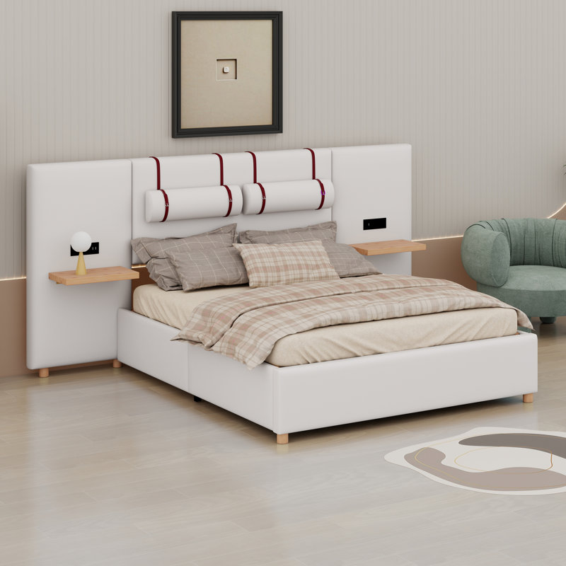 Lit rembourré sophistiqué avec ports de chargement latéraux, 2 coussins décoratifs et tablettes de rangement, Beige