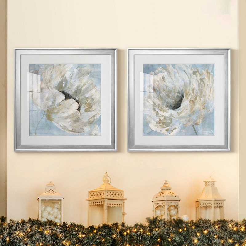 «Blue Blanc I», ensemble de 2 reproductions d'art sur toile tendue, Papier avec cadre argenté, Blanc