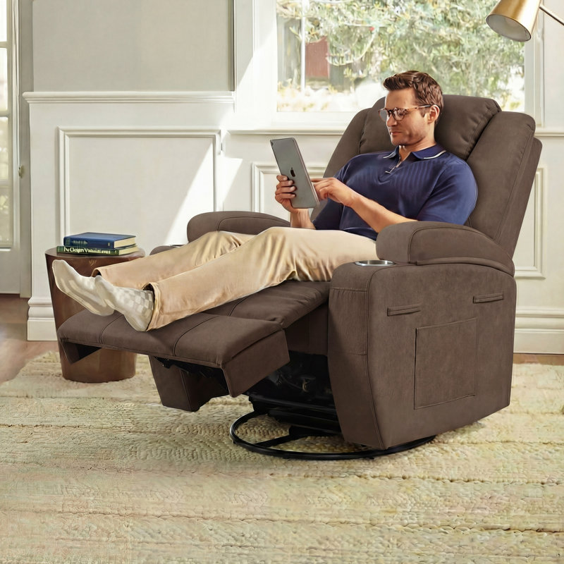 Reclining  Massage Chair with Swivel and Rocking Function, Brown Canvas