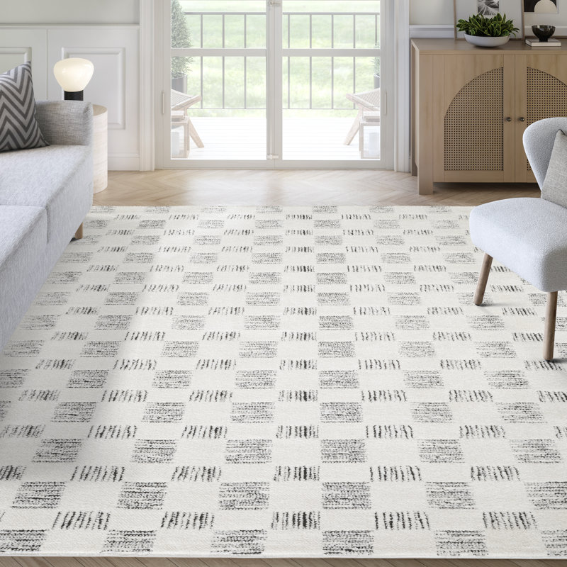 Tapis minimaliste texturé à carreaux crème noir Abani Oliver OLV140A, Rectangle 6 pi x 9 pi