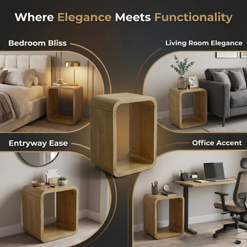 Modern Solid Wood End Table with Open Cube Storage, Natural Finish, Natural