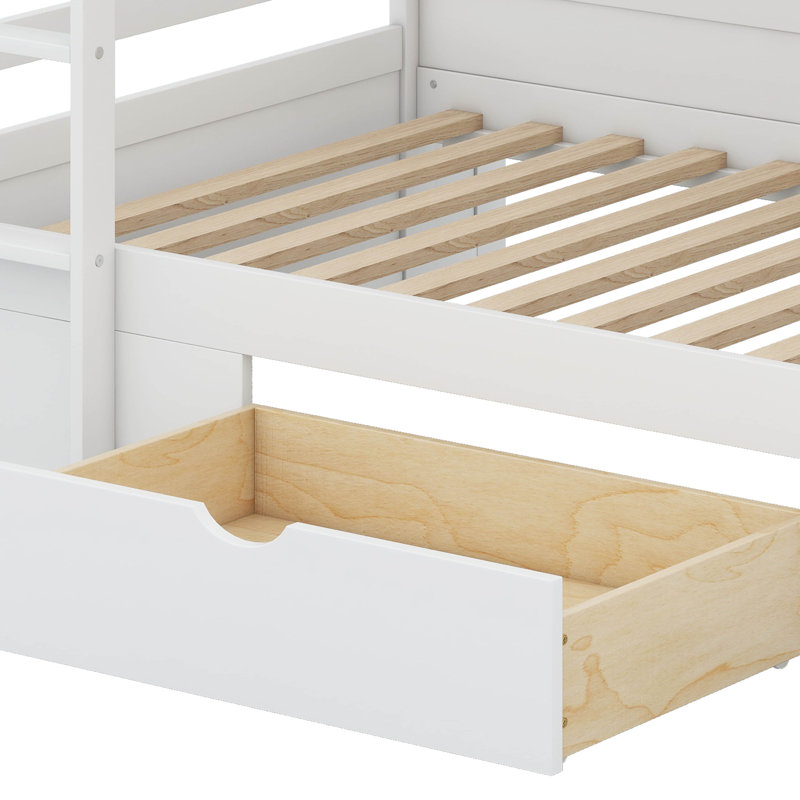 Bunk Bed With Built-In Shelves Beside Both Upper And Down Bed And Storage Drawer, White