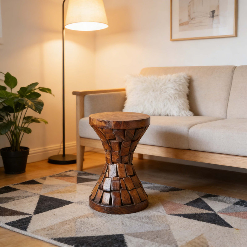11.8" Brown Paulownia Wood Hourglass Accent Table, Textured Mosaic Design Side Table For Living Room