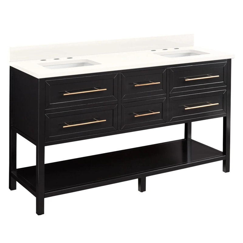 Ensemble de meuble-lavabo double 60 po avec lavabo sous le comptoir Robertson, Noir, 8 po, Quartz blanc arctique