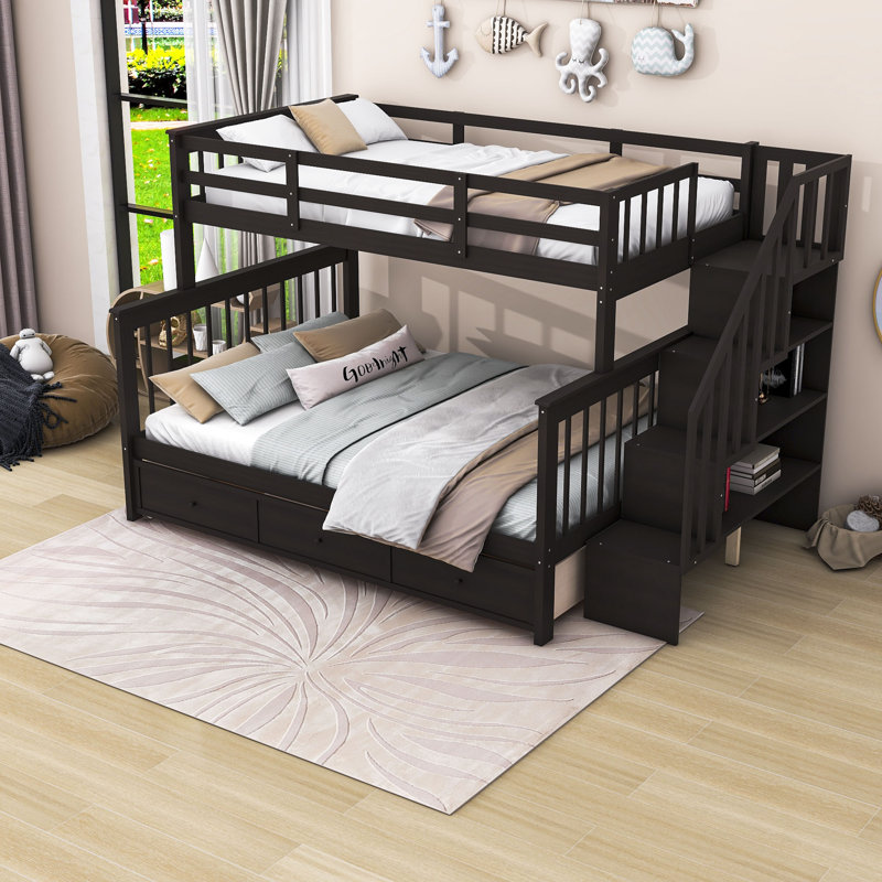 Gerimiah Twin Over Full Bunk Bed with Built-In Stairs, Espresso