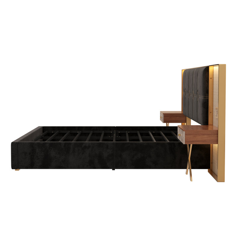 Luxueuse base de lit plateforme en K, tête de lit en velours recouverte de métal, 2 lampes murales et table de chevet intégrées, structure en métal robuste et en bois massif, aucun sommier nécessaire, noir haut de gamme