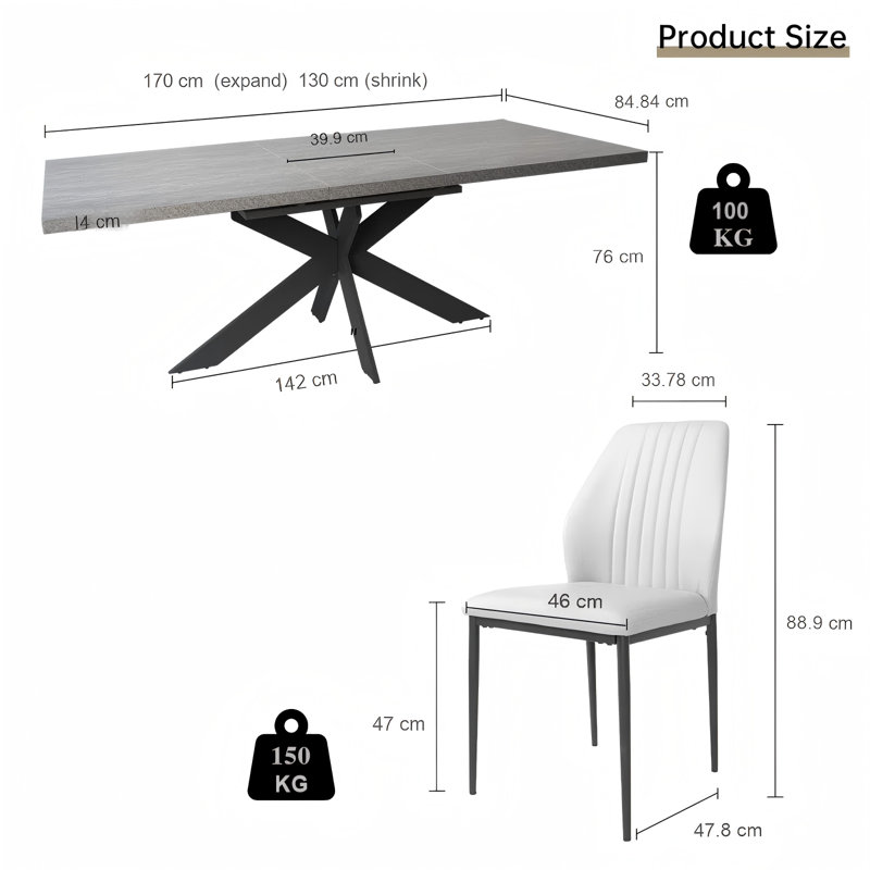 Mid-Century Extendable Kitchen Table for Dining Room with 6 Modern Chairs, Cream, Cream
