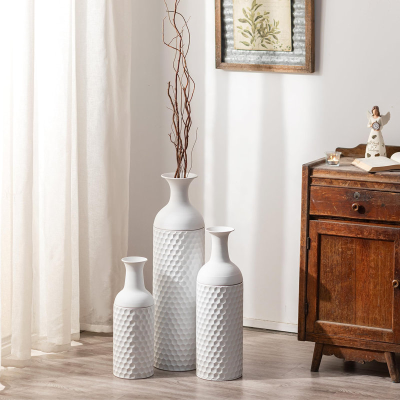Ensemble de 3 vases de plancher en métal blanc, grands vases cylindriques avec couvercles amovibles pour le salon, la chambre à coucher ou le bureau, décoration de maison moderne et rustique