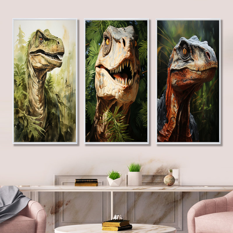 «Green Velociraptor In Jungle I», ensemble de 4 reproductions d'art sur toile, Cadre flottant blanc, H 40 po x l 60 po