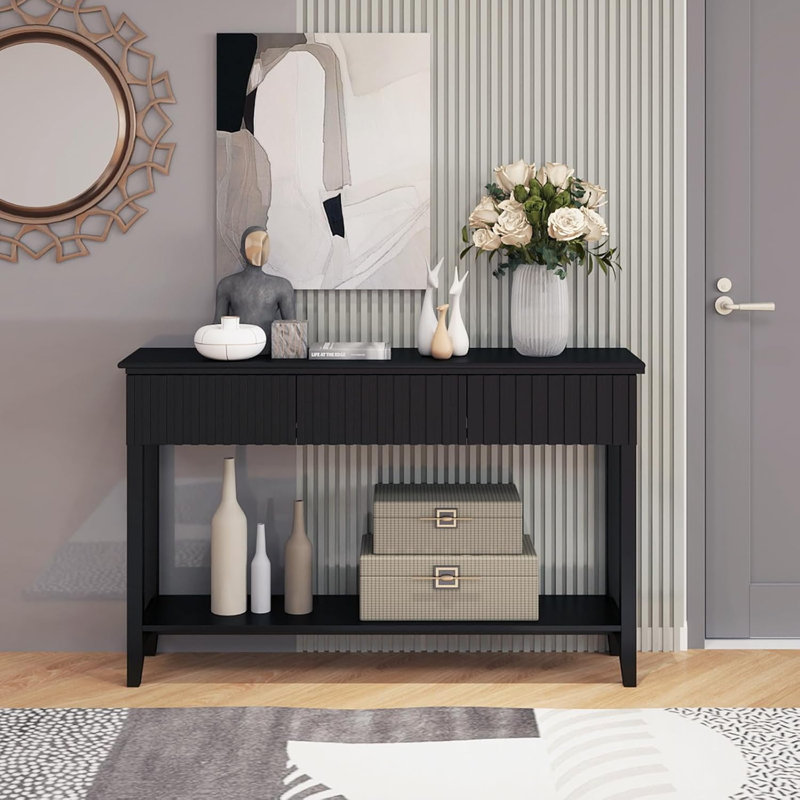 51.18" Console Table With 3 Drawers And Open Storage Shelf, Black