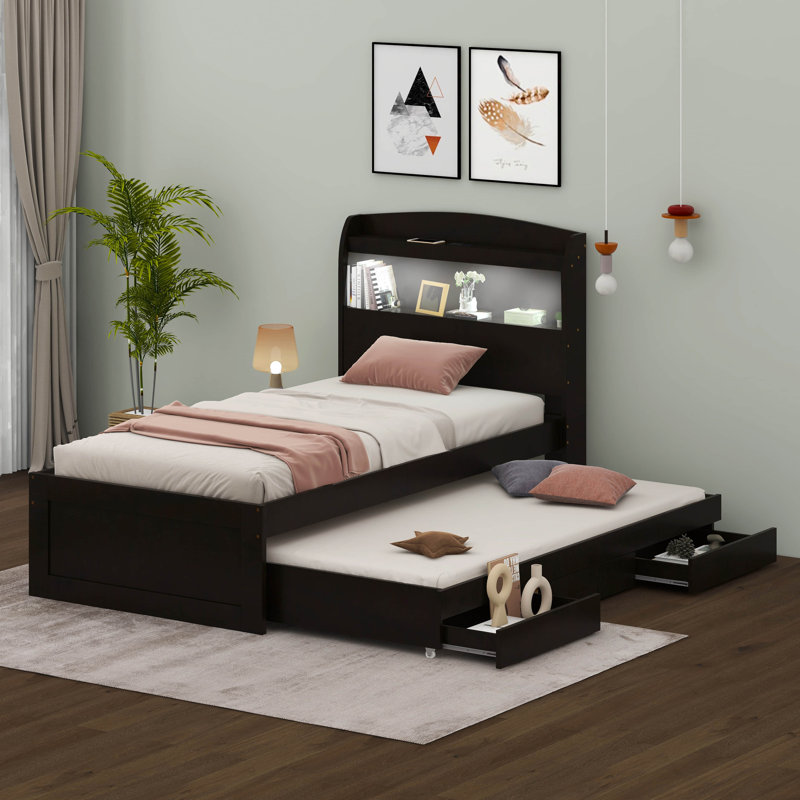 Vetri  Platform Bed with Storage LED Headboard, Charging Station, Twin Size Trundle and 2 Drawers, Dark Brown, Twin XL