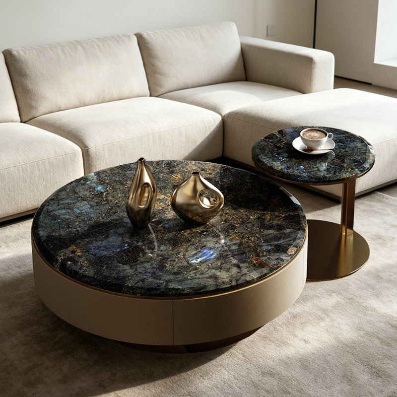 Table basse ronde moderne en marbre avec rangement