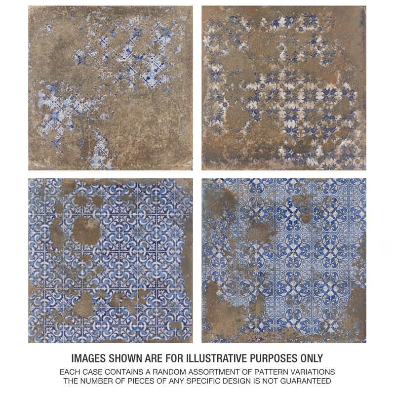Antigua Deco 13" x 13" Porcelain Vintage Subway Wall & Floor Tile, Brown/Blue