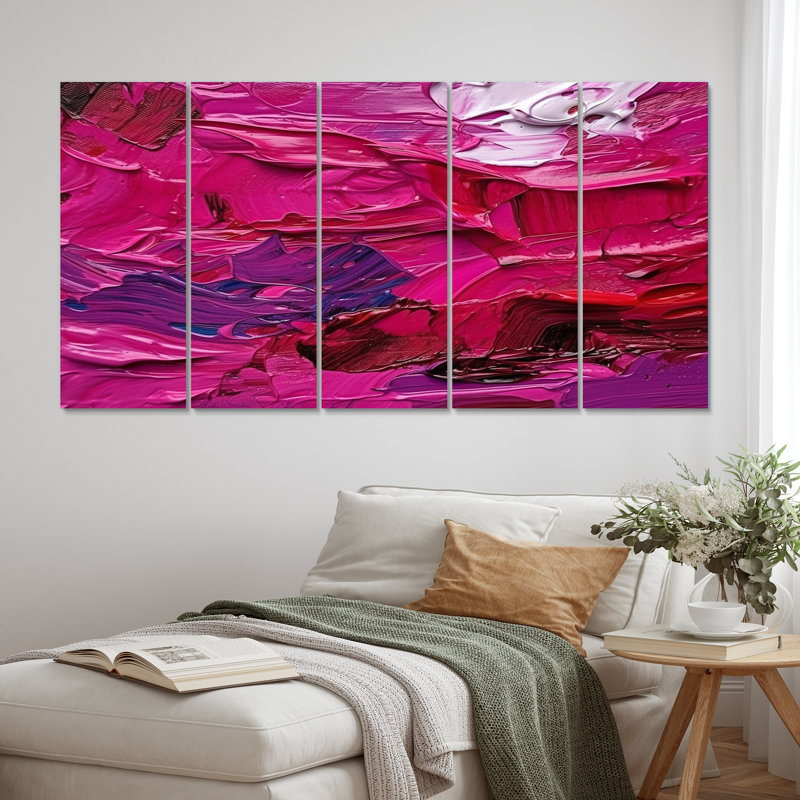 Viva Magenta Bliss Wildness V - Art mural abstrait sur toile - 5 panneaux égaux