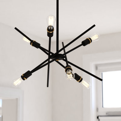 Luminaire suspendu de style Mid-Century moderne à 6 lumières de 24,25 po de largeur, noir et laiton satiné, compatible avec DEL, plafonnier suspendu à hauteur réglable pour table de salle à manger, cuisine, vestibule, chambre à coucher, îlot, vestibule