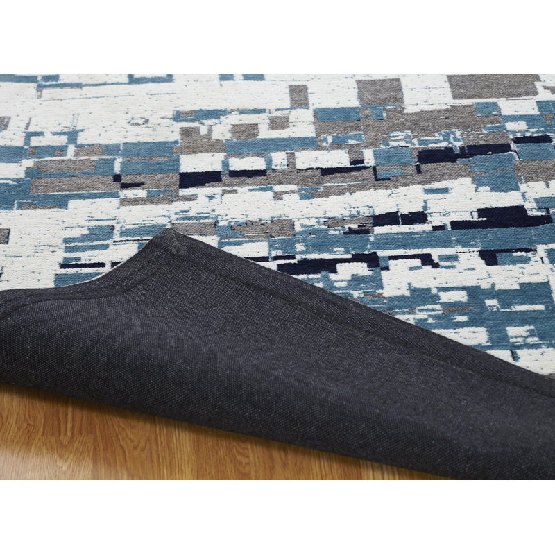 Tapis bleu en coton tissé à la main Kala, Rectangle 8 pi 6 po x 11 pi 6 po