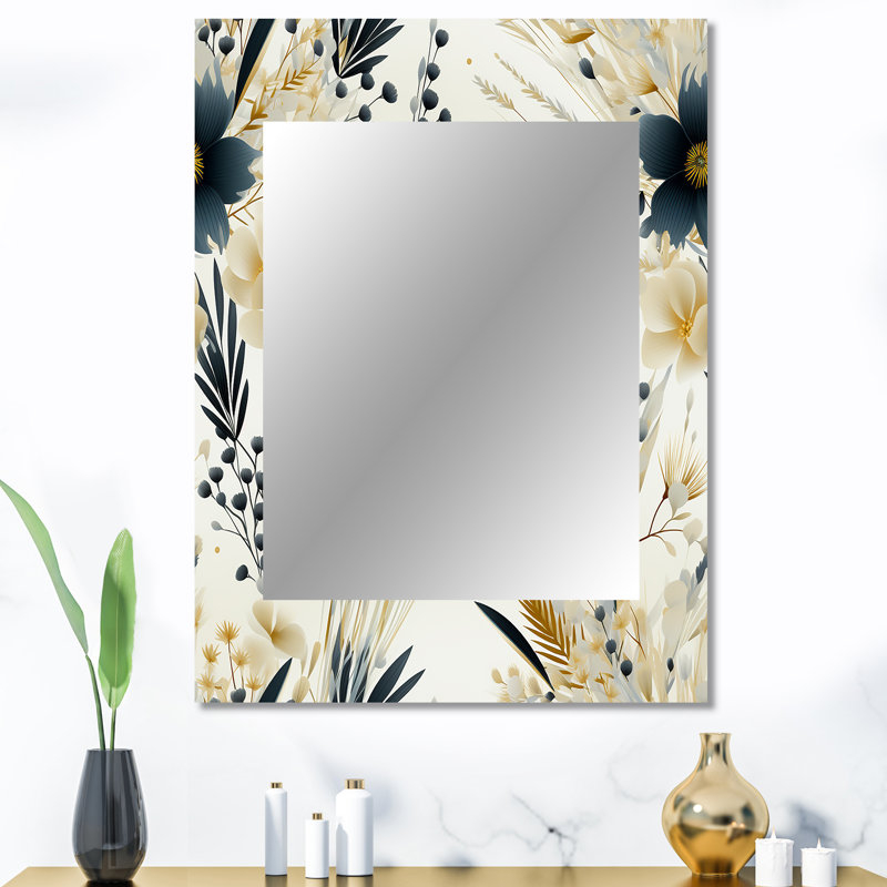 Neutral Greys Flowers Accents - botanical  Mirror, Botanical Unique Wall Mirror, Printed Metal Art, 40" x 30"