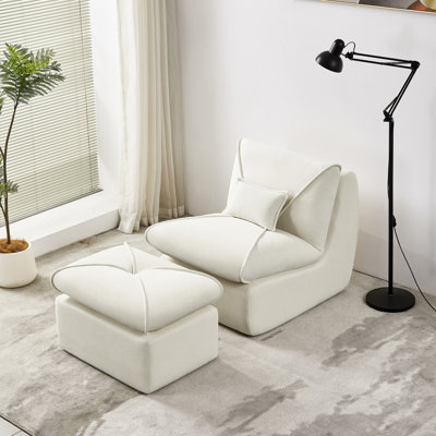 Fauteuil rembourré en chenille compressée avec assise confortable, assise en mousse haute densité beige, pour salon, revêtement en tissu beige