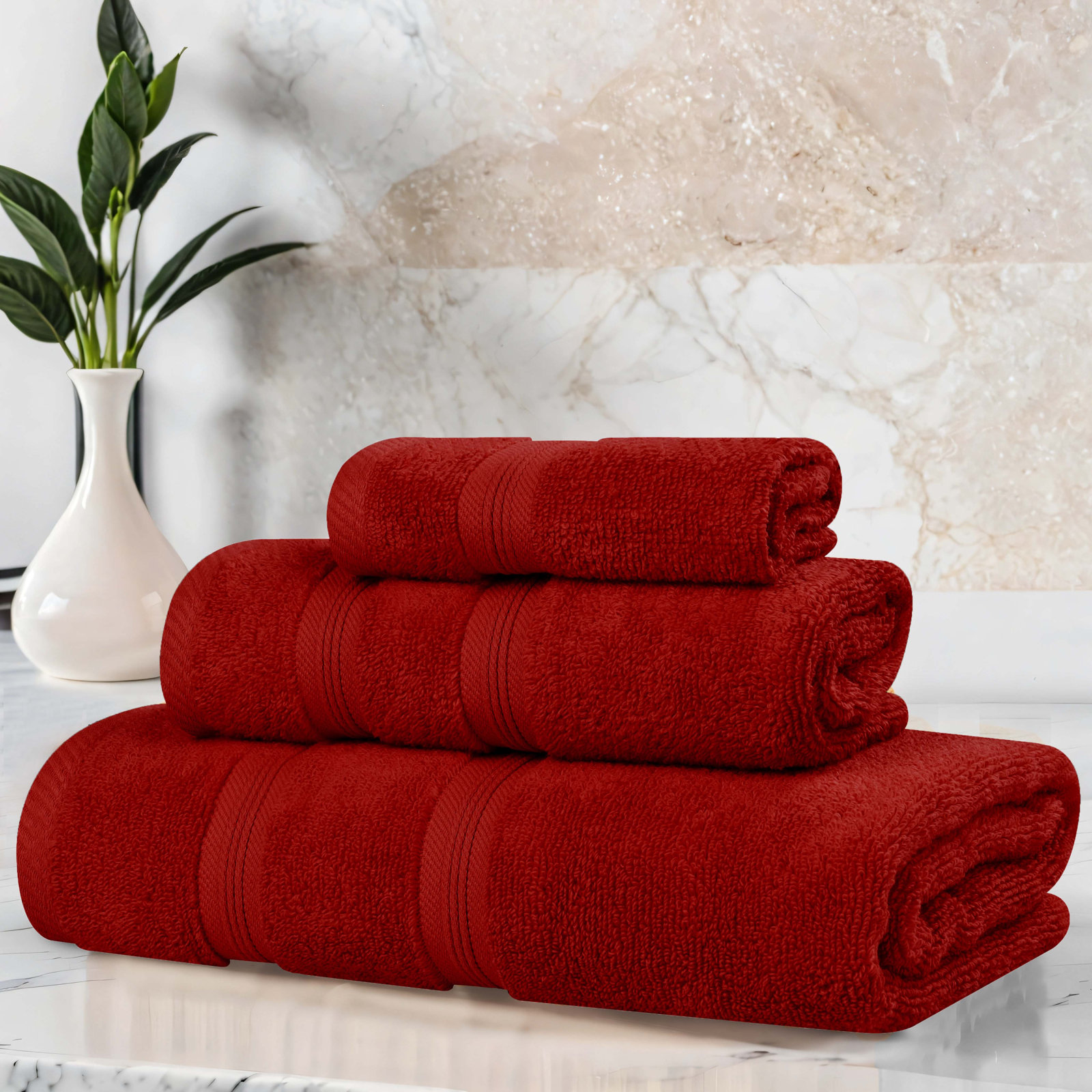 3-Piece Cotton Bath Towel Set, Crimson