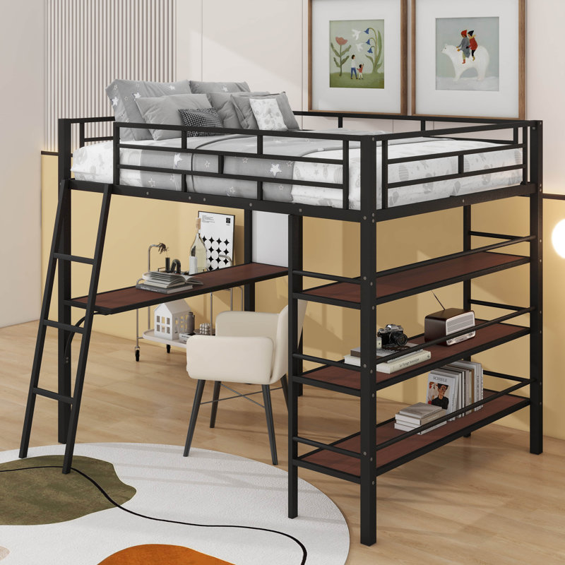 Lit mezzanine double en métal avec tablettes et bureau, Noir