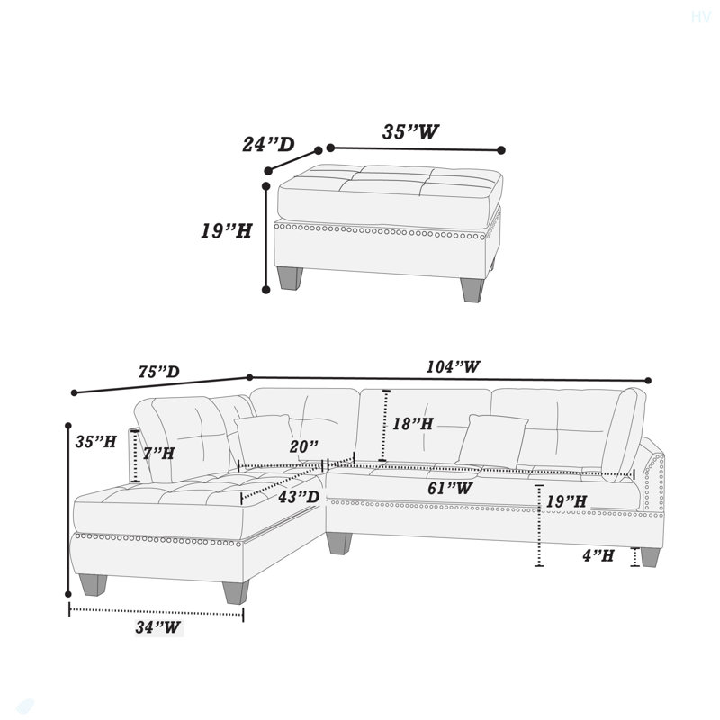 Canapé modulaire 3 pièces, Tissu gris