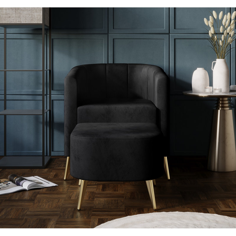 Ensemble de fauteuil demi-tonneau et repose-pieds Barchovice, Velours noir