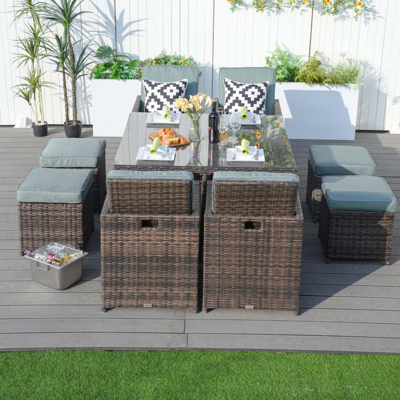 Ensemble de salle à manger de patio 49,2 po pour 8 personnes avec coussins Square, Brun, Céladon