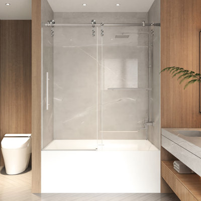 Porte de douche coulissante pour baignoire, l 56-60 po x H 66 po, verre trempé transparent de 5/16 po et 8 mm, structure en acier inoxydable nickel brossé, ouverture réversible, étanchéité avancée et brillance cristalline avec